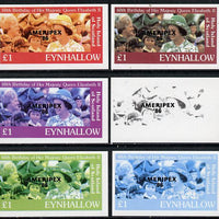 Eynhallow 1986 Queen's 60th Birthday imperf souvenir sheet (£1 value with Cub-Scouts in crowd) with AMERIPEX opt in black set of 6 progressive proofs comprising single & composite combinations incl completed design unmounted mint