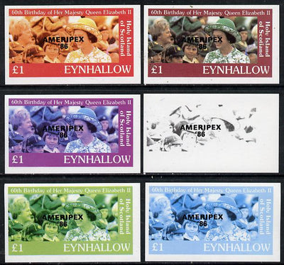 Eynhallow 1986 Queen's 60th Birthday imperf souvenir sheet (£1 value with Cub-Scouts in crowd) with AMERIPEX opt in black set of 6 progressive proofs comprising single & composite combinations incl completed design unmounted mint