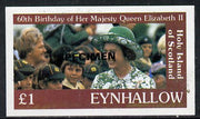 Eynhallow 1986 Queen's 60th Birthday imperf souvenir sheet (£1 value with Cub-Scouts in crowd) with SPECIMEN opt in black unmounted mint