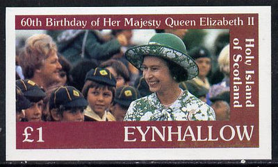 Eynhallow 1986 Queen's 60th Birthday imperf souvenir sheet (£1 value with Cub-Scouts in crowd) unmounted mint