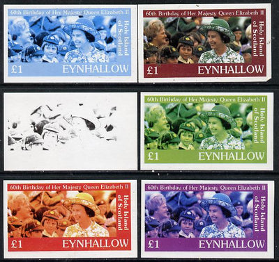 Eynhallow 1986 Queen's 60th Birthday imperf souvenir sheet (£1 value with Cub-Scouts in crowd) set of 6 progressive proofs comprising single & composite combinations incl completed design unmounted mint
