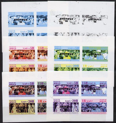 Oman 1986 Queen's 60th Birthday imperf set of 4 with AMERIPEX opt in black (1R value shows Cub-Scouts in crowd) set of 6 progressive proofs comprising single & composite combinations incl completed design unmounted mint