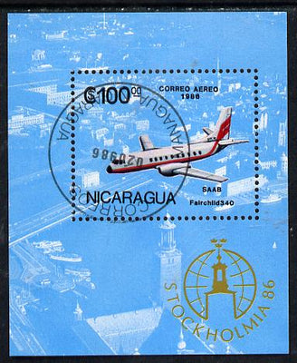Nicaragua 1986 'Stockholmia 86' Stamp Exhibition (Saab Aeroplane) m/sheet cto used, SG MS 2790