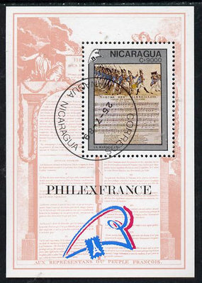 Nicaragua 1989 'Philexfrance 89' Stamp Exhibition (French Revolution & Music score) m/sheet cto used, SG MS 3053