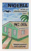 Nigeria 1993 World Environment Day - original hand-painted artwork for N2 value showing house & garden by unknown artist, on board 5"x8.5", endorsed D2