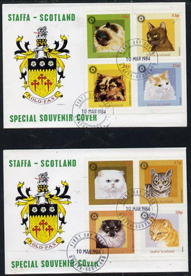 Staffa 1984 Rotary - Domestic Cats perf set of 8 values (10p to 50p) on two covers with first day cancels