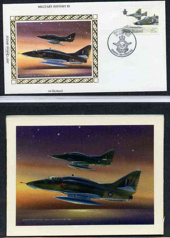 New Zealand 1987 50th Anniversary of Royal New Zealand Air Force - original hand-painted artwork by Gordon G Davies showing McDonnell Douglas A-4 Skyhawks on night flight, as used to illustrate Benham silk first day cover (85c val……Details Below