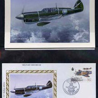 New Zealand 1987 50th Anniversary of Royal New Zealand Air Force - original hand-painted artwork by Gordon G Davies showing Curtiss Kittyhawk Mk III (P40M), as used to illustrate Benham silk first day cover (70c value), mounted on……Details Below