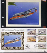 Jersey 1987 50th Anniversary of Jersey Airport - original hand-painted artwork,by Gordon G Davies showing Shorts 330 approaching Jersey, as used to illustrate Benham silk first day cover, approx 5" x 4" plus the matching Benham si……Details Below