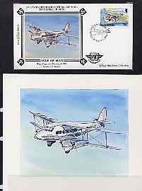 Isle of Man 1984 50th Anniversary of First Air Mail & ICAO Anniversary - original hand-painted artwork by A D Theobald showing West Coast Air Services DH 86, as used to illustrate Benham silk first day cover (13p value), mounted o……Details Below