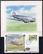 Isle of Man 1984 50th Anniversary of First Air Mail & ICAO Anniversary - original hand-painted artwork by A D Theobald showing BEA Douglas DC-3, as used to illustrate Benham silk first day cover (26p value), mounted on board 6" x ……Details Below