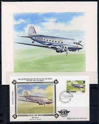 Isle of Man 1984 50th Anniversary of First Air Mail & ICAO Anniversary - original hand-painted artwork by A D Theobald showing BEA Douglas DC-3, as used to illustrate Benham silk first day cover (26p value), mounted on board 6