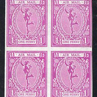Cinderella - Great Britain 1974 1d label in pink imperf block of 4 issued for a Children's Philatelic Exhibition staged in London featuring an old time 'Mercury' Air Mail essay which was never accepted