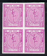 Cinderella - Great Britain 1974 1d label in pink imperf block of 4 issued for a Children's Philatelic Exhibition staged in London featuring an old time 'Mercury' Air Mail essay which was never accepted