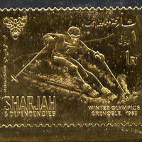 Sharjah 1968 Winter Olympics 1r (Skiing) perf embossed in gold foil, unmounted mint Mi 464A