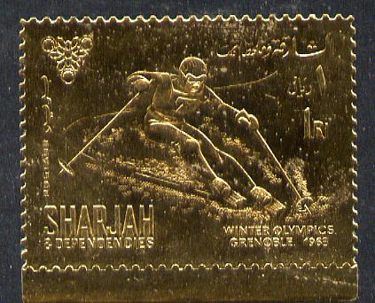 Sharjah 1968 Winter Olympics 1r (Skiing) perf embossed in gold foil, unmounted mint Mi 464A