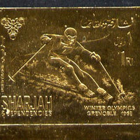Sharjah 1968 Winter Olympics 1r (Skiing) imperf embossed in gold foil unmounted mint, Mi 464B
