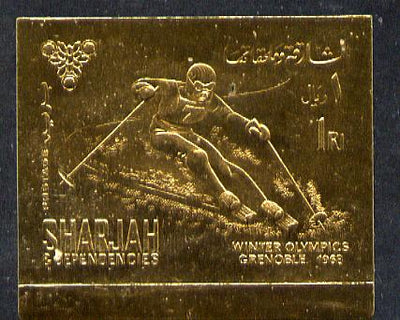 Sharjah 1968 Winter Olympics 1r (Skiing) imperf embossed in gold foil unmounted mint, Mi 464B