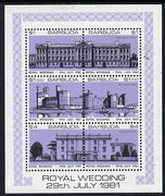 Barbuda 1981 Royal Wedding (Buildings) sheetlet containing set of 3 with lavender background (SG 566a) unmounted mint