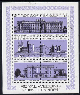 Barbuda 1981 Royal Wedding (Buildings) sheetlet containing set of 3 with lavender background (SG 566a) unmounted mint