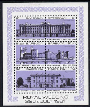 Barbuda 1981 Royal Wedding (Buildings) sheetlet containing set of 3 with lavender background (SG 566a) unmounted mint