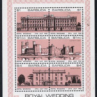 Barbuda 1981 Royal Wedding (Buildings) sheetlet containing set of 3 with rose-pink background (SG 566a) unmounted mint