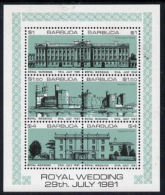Barbuda 1981 Royal Wedding (Buildings) sheetlet containing set of 3 with turquoise-green background (SG 566a) unmounted mint