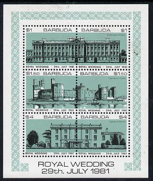 Barbuda 1981 Royal Wedding (Buildings) sheetlet containing set of 3 with turquoise-green background (SG 566a) unmounted mint