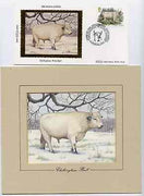 Great Britain 1984 British Cattle - original hand-painted artwork of Chillingham Wild Bull as used to illustrate Benham silk first day cover (20€p value), approx 5" x 4" plus the matching Benham silk cover, a magnificent and attractive unit
