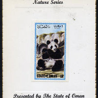 Oman 1980 Pandas (Giant Panda) imperf souvenir sheet (1R value) mounted on special 'Nature Series' presentation card inscribed 'Presented by the State of Oman'