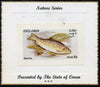 Oman 1972 Fish (Gilleroo Trout) imperf souvenir sheet (50b value) mounted on special 'Nature Series' presentation card inscribed 'Presented by the State of Oman'