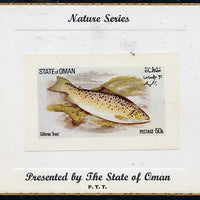 Oman 1972 Fish (Gilleroo Trout) imperf souvenir sheet (50b value) mounted on special 'Nature Series' presentation card inscribed 'Presented by the State of Oman'