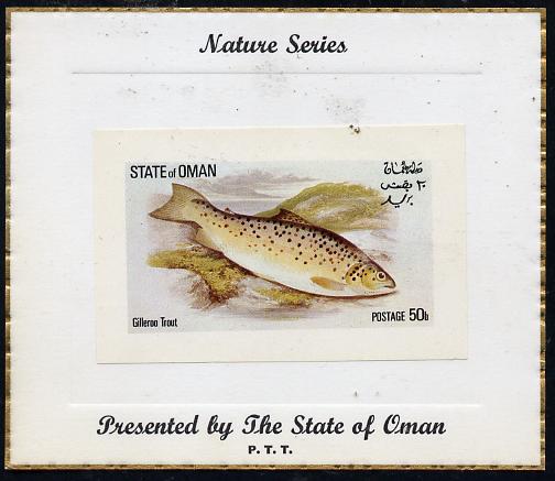 Oman 1972 Fish (Gilleroo Trout) imperf souvenir sheet (50b value) mounted on special 'Nature Series' presentation card inscribed 'Presented by the State of Oman'
