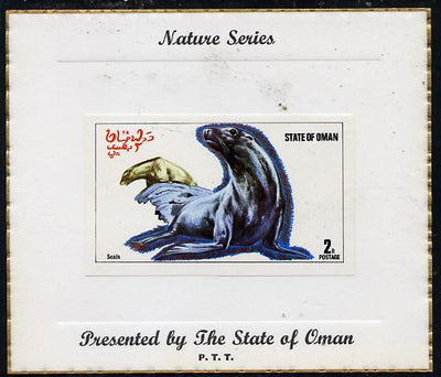 Oman 1974 Animals (Seals) imperf souvenir sheet (2R value) mounted on special 'Nature Series' presentation card inscribed 'Presented by the State of Oman'