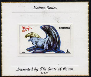 Oman 1974 Animals (Seals) imperf souvenir sheet (2R value) mounted on special 'Nature Series' presentation card inscribed 'Presented by the State of Oman'
