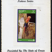 Oman 1976 Macaw imperf souvenir sheet (2R value) mounted on special 'Nature Series' presentation card inscribed 'Presented by the State of Oman'