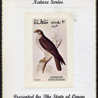 Oman 1972 Birds (Buzzard) imperf souvenir sheet (50b value) mounted on special 'Nature Series' presentation card inscribed 'Presented by the State of Oman'