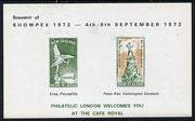 Exhibition souvenir sheet for 1972 Showpex showing New Zealand Health Stamps (Statues of Peter Pan & Eros) unmounted mint