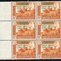 Aden - Kathiri 1966 History of Olympic Games surch 50 fils on 1s (London 1948) positional marginal block of 6 showing 'dot below London' variety (R3/2) and 'dot below 1948' (R4/1) unmounted mint