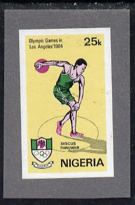 Nigeria 1984 Los Angeles Olympic Games 25k (Discus) imperf machine proof as issued stamp mounted on grey card