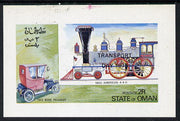 Oman 1973 Locomotives & Cars (opt'd Transport Day 1973) imperf souvenir sheet (2R value) unmounted mint