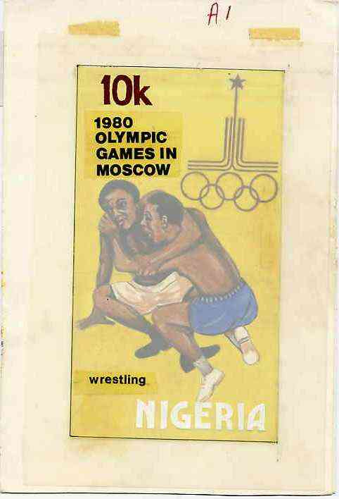 Nigeria 1980 Moscow Olympic Games - original hand-painted artwork for 10k value (Wrestling) by Godrick N Osuji on card 4" x 7›" endorsed A1