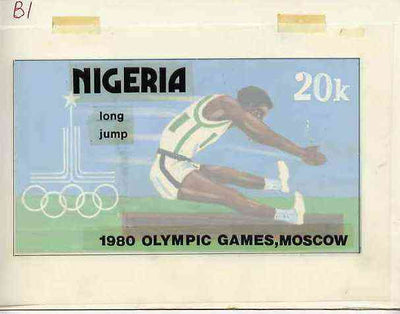 Nigeria 1980 Moscow Olympic Games - original hand-painted artwork for 20k value (Long Jump) by Godrick N Osuji on card 7.25