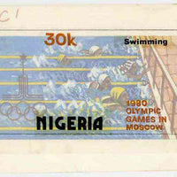 Nigeria 1980 Moscow Olympic Games - original hand-painted artwork for 30k value (Swimming) by Godrick N Osuji on card 7.25" x 4" endorsed C1