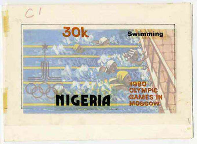 Nigeria 1980 Moscow Olympic Games - original hand-painted artwork for 30k value (Swimming) by Godrick N Osuji on card 7.25