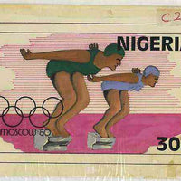 Nigeria 1980 Moscow Olympic Games - original hand-painted artwork for 30k value (Swimming) by unknown artist on card 7.5" x 4.5" endorsed C2