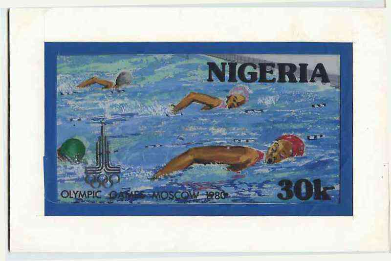 Nigeria 1980 Moscow Olympic Games - original hand-painted artwork for 30k value (Swimming) by unknown artist on board 8" x 4.5"