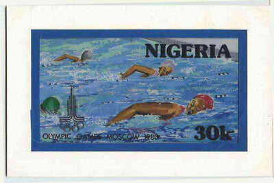 Nigeria 1980 Moscow Olympic Games - original hand-painted artwork for 30k value (Swimming) by unknown artist on board 8