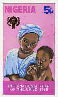 Nigeria 1979 Int Year of the Child - original hand-painted artwork for 5k value (Mother & Child) by unknown artist on card 5