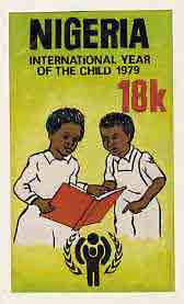 Nigeria 1979 Int Year of the Child - original hand-painted artwork for 18k value (Children Studying) by unknown artist on card 4